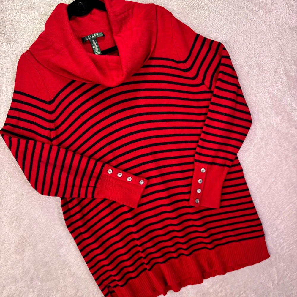 Lauren Ralph Lauren Womens 1X Red Black Striped Cowl Neck Button Cuff Sweater